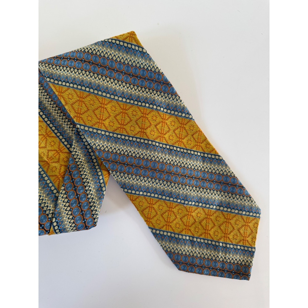 Pulitzer Mens Silk Blend Geometric Medallion Stripe Tie Gold Blue Orange 56"